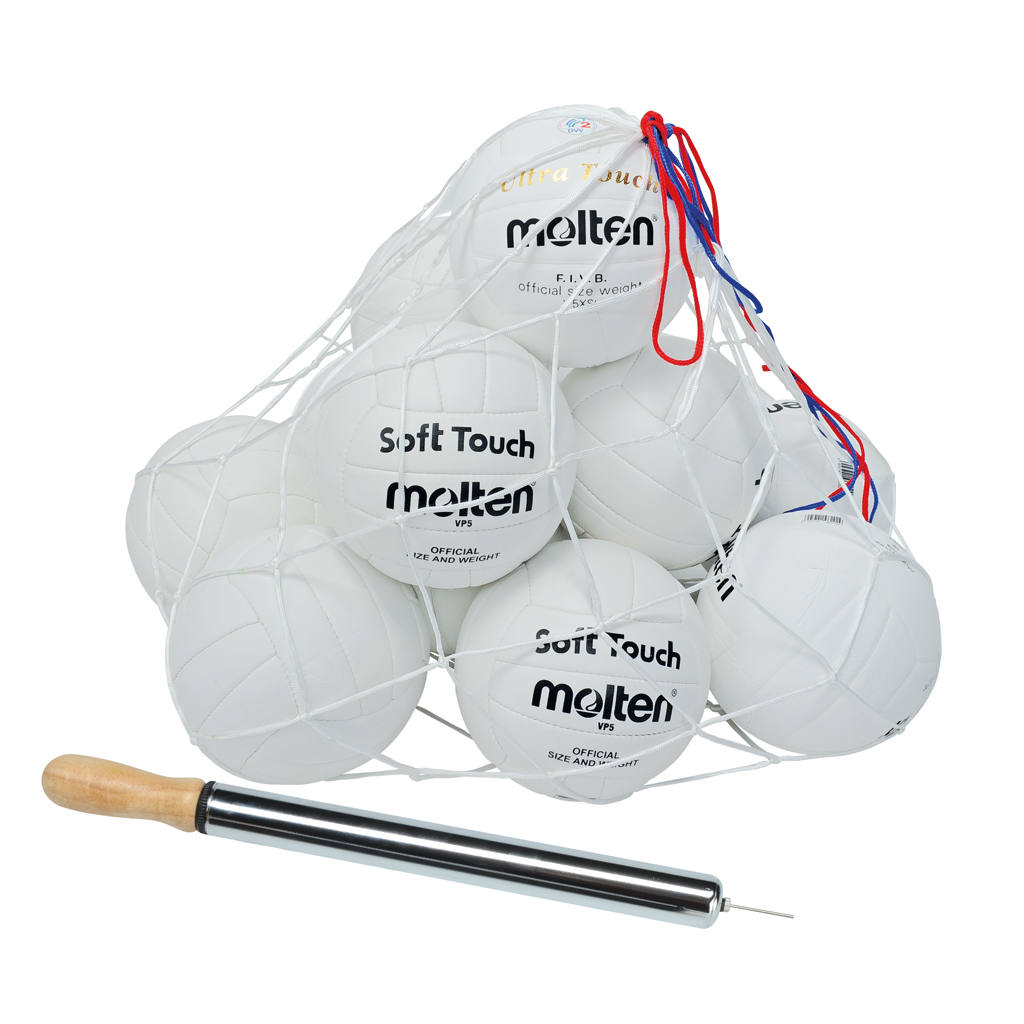 Molten® Volleyball-Schulset mit 10 Bällen und Luftpumpe im Ballnetz