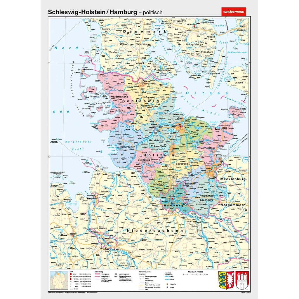 Westermann Wandkarte Schleswig-Holstein, Hamburg physisch/politisch