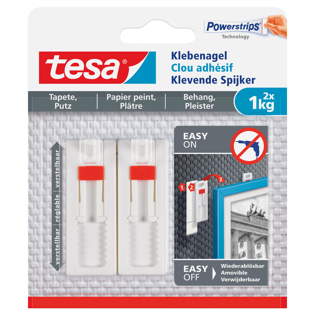 tesa® Verstellbarer Klebenagel für Tapeten und Putz (2x1kg)